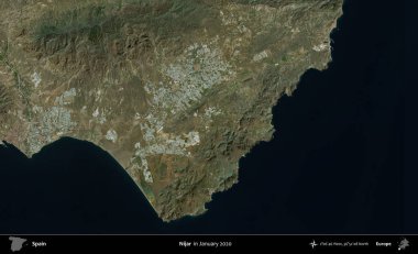 Nijar. Ocak 2020 'de çekilen Global Mozaik Sentinel-2 karolarından oluşan bir uydu görüntüsü üzerine İspanya' nın idari bölgesi