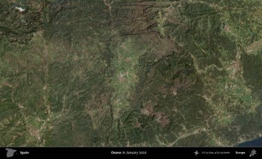 Osona. Ocak 2020 'de çekilen Global Mozaik Sentinel-2 karolarından oluşan bir uydu görüntüsü üzerine İspanya' nın idari bölgesi