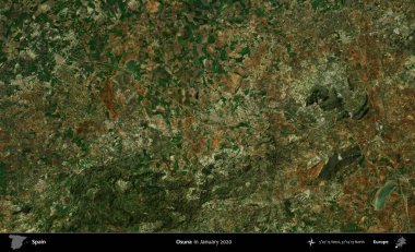 Osuna. Ocak 2020 'de çekilen Global Mozaik Sentinel-2 karolarından oluşan bir uydu görüntüsü üzerine İspanya' nın idari bölgesi