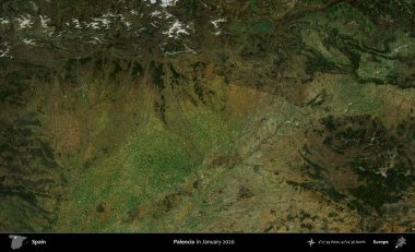 Palencia 'da. Ocak 2020 'de çekilen Global Mozaik Sentinel-2 karolarından oluşan bir uydu görüntüsü üzerine İspanya' nın idari bölgesi