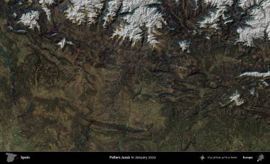 Pallars Jussa. Ocak 2020 'de çekilen Global Mozaik Sentinel-2 karolarından oluşan bir uydu görüntüsü üzerine İspanya' nın idari bölgesi