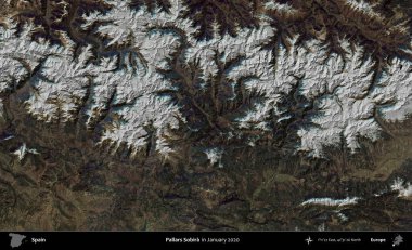 Pallars Sobira. Ocak 2020 'de çekilen Global Mozaik Sentinel-2 karolarından oluşan bir uydu görüntüsü üzerine İspanya' nın idari bölgesi