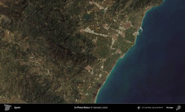 la Plana Baixa. Ocak 2020 'de çekilen Global Mozaik Sentinel-2 karolarından oluşan bir uydu görüntüsü üzerine İspanya' nın idari bölgesi