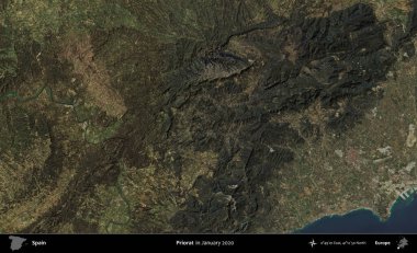 Priorat. Ocak 2020 'de çekilen Global Mozaik Sentinel-2 karolarından oluşan bir uydu görüntüsü üzerine İspanya' nın idari bölgesi