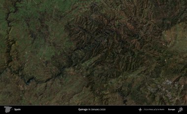 Quiroga. Ocak 2020 'de çekilen Global Mozaik Sentinel-2 karolarından oluşan bir uydu görüntüsü üzerine İspanya' nın idari bölgesi