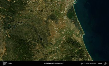 la Ribera Alta. Ocak 2020 'de çekilen Global Mozaik Sentinel-2 karolarından oluşan bir uydu görüntüsü üzerine İspanya' nın idari bölgesi