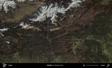 Ripolles. Ocak 2020 'de çekilen Global Mozaik Sentinel-2 karolarından oluşan bir uydu görüntüsü üzerine İspanya' nın idari bölgesi