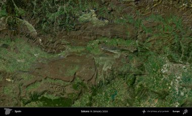 Sakana. Ocak 2020 'de çekilen Global Mozaik Sentinel-2 karolarından oluşan bir uydu görüntüsü üzerine İspanya' nın idari bölgesi