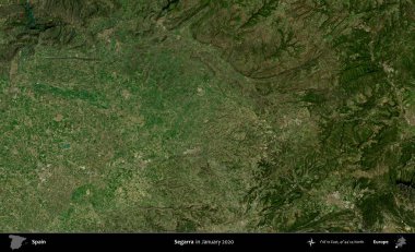 Segarra. Ocak 2020 'de çekilen Global Mozaik Sentinel-2 karolarından oluşan bir uydu görüntüsü üzerine İspanya' nın idari bölgesi