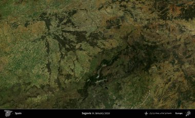 Segovia 'da. Ocak 2020 'de çekilen Global Mozaik Sentinel-2 karolarından oluşan bir uydu görüntüsü üzerine İspanya' nın idari bölgesi