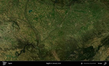 Segria. Ocak 2020 'de çekilen Global Mozaik Sentinel-2 karolarından oluşan bir uydu görüntüsü üzerine İspanya' nın idari bölgesi