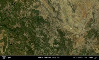 Sierra de Albarracin. Ocak 2020 'de çekilen Global Mozaik Sentinel-2 karolarından oluşan bir uydu görüntüsü üzerine İspanya' nın idari bölgesi