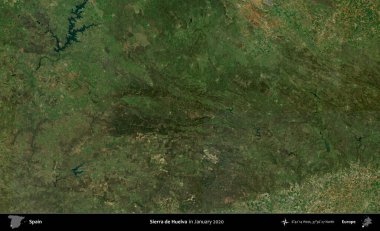 Sierra de Huelva. Ocak 2020 'de çekilen Global Mozaik Sentinel-2 karolarından oluşan bir uydu görüntüsü üzerine İspanya' nın idari bölgesi