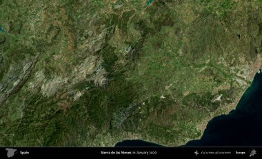 Sierra de las Nieves. Ocak 2020 'de çekilen Global Mozaik Sentinel-2 karolarından oluşan bir uydu görüntüsü üzerine İspanya' nın idari bölgesi