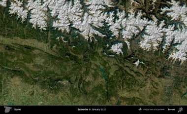 Sobrarbe. Ocak 2020 'de çekilen Global Mozaik Sentinel-2 karolarından oluşan bir uydu görüntüsü üzerine İspanya' nın idari bölgesi