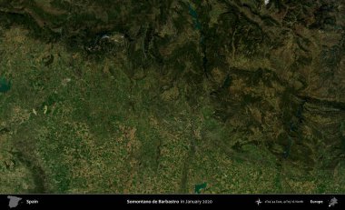 Somontano de Barbastro. Ocak 2020 'de çekilen Global Mozaik Sentinel-2 karolarından oluşan bir uydu görüntüsü üzerine İspanya' nın idari bölgesi