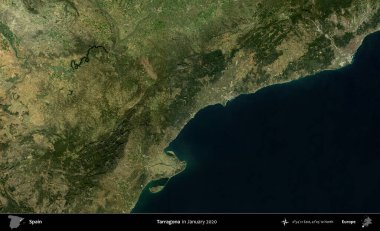 Tarragona. Ocak 2020 'de çekilen Global Mozaik Sentinel-2 karolarından oluşan bir uydu görüntüsü üzerine İspanya' nın idari bölgesi