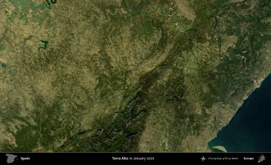 Terra Alta. Ocak 2020 'de çekilen Global Mozaik Sentinel-2 karolarından oluşan bir uydu görüntüsü üzerine İspanya' nın idari bölgesi