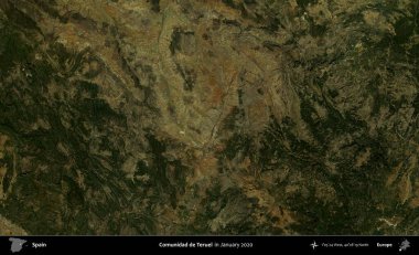 Comunidad de Teruel. Ocak 2020 'de çekilen Global Mozaik Sentinel-2 karolarından oluşan bir uydu görüntüsü üzerine İspanya' nın idari bölgesi