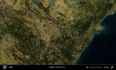 Teruel. Ocak 2020 'de çekilen Global Mozaik Sentinel-2 karolarından oluşan bir uydu görüntüsü üzerine İspanya' nın idari bölgesi