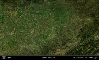 Urgell. Ocak 2020 'de çekilen Global Mozaik Sentinel-2 karolarından oluşan bir uydu görüntüsü üzerine İspanya' nın idari bölgesi