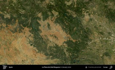 La Plana de Utiel-Requena. Ocak 2020 'de çekilen Global Mozaik Sentinel-2 karolarından oluşan bir uydu görüntüsü üzerine İspanya' nın idari bölgesi