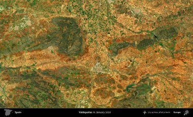 Valdepenas 'lar. Ocak 2020 'de çekilen Global Mozaik Sentinel-2 karolarından oluşan bir uydu görüntüsü üzerine İspanya' nın idari bölgesi