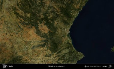 Valencia. Ocak 2020 'de çekilen Global Mozaik Sentinel-2 karolarından oluşan bir uydu görüntüsü üzerine İspanya' nın idari bölgesi