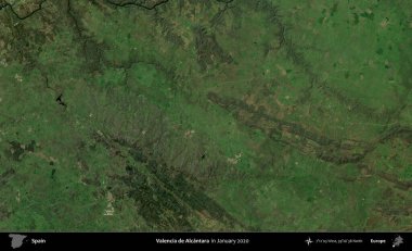 Valencia de Alcantara. Ocak 2020 'de çekilen Global Mozaik Sentinel-2 karolarından oluşan bir uydu görüntüsü üzerine İspanya' nın idari bölgesi