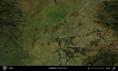 Valladolid. Ocak 2020 'de çekilen Global Mozaik Sentinel-2 karolarından oluşan bir uydu görüntüsü üzerine İspanya' nın idari bölgesi