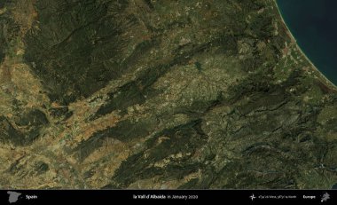 La Vall d 'Albaida' da. Ocak 2020 'de çekilen Global Mozaik Sentinel-2 karolarından oluşan bir uydu görüntüsü üzerine İspanya' nın idari bölgesi