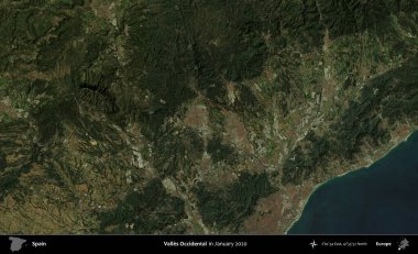 Valles Batı Yakası. Ocak 2020 'de çekilen Global Mozaik Sentinel-2 karolarından oluşan bir uydu görüntüsü üzerine İspanya' nın idari bölgesi