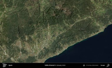 Valles Oriental. Ocak 2020 'de çekilen Global Mozaik Sentinel-2 karolarından oluşan bir uydu görüntüsü üzerine İspanya' nın idari bölgesi