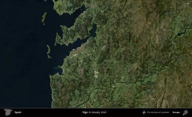 Vigo. Ocak 2020 'de çekilen Global Mozaik Sentinel-2 karolarından oluşan bir uydu görüntüsü üzerine İspanya' nın idari bölgesi