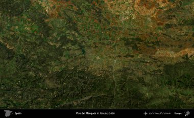 Viso del Marques. Ocak 2020 'de çekilen Global Mozaik Sentinel-2 karolarından oluşan bir uydu görüntüsü üzerine İspanya' nın idari bölgesi