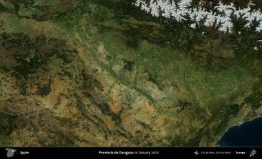 İl de Zaragoza. Ocak 2020 'de çekilen Global Mozaik Sentinel-2 karolarından oluşan bir uydu görüntüsü üzerine İspanya' nın idari bölgesi