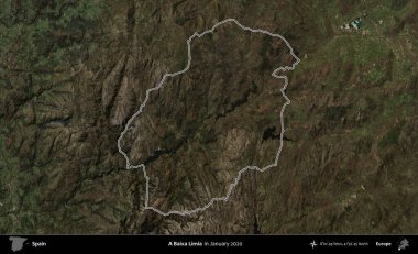Bir Baixa Limia. İspanya 'nın idari alanı, Ocak 2020' de çekilen Global Mozaik Sentinel-2 karolarından oluşan bir uydu görüntüsü üzerinde özetlenmiştir.