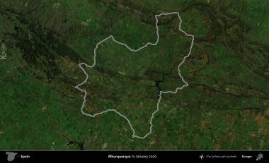Alburquerque 'de. İspanya 'nın idari alanı, Ocak 2020' de çekilen Global Mozaik Sentinel-2 karolarından oluşan bir uydu görüntüsü üzerinde özetlenmiştir.