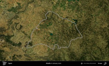 Alcaniz. İspanya 'nın idari alanı, Ocak 2020' de çekilen Global Mozaik Sentinel-2 karolarından oluşan bir uydu görüntüsü üzerinde özetlenmiştir.