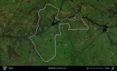 Alcantara. İspanya 'nın idari alanı, Ocak 2020' de çekilen Global Mozaik Sentinel-2 karolarından oluşan bir uydu görüntüsü üzerinde özetlenmiştir.