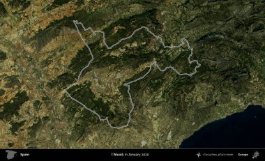Alcoia 'da. İspanya 'nın idari alanı, Ocak 2020' de çekilen Global Mozaik Sentinel-2 karolarından oluşan bir uydu görüntüsü üzerinde özetlenmiştir.
