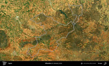 Alhambra. İspanya 'nın idari alanı, Ocak 2020' de çekilen Global Mozaik Sentinel-2 karolarından oluşan bir uydu görüntüsü üzerinde özetlenmiştir.