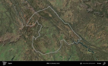 Alia. İspanya 'nın idari alanı, Ocak 2020' de çekilen Global Mozaik Sentinel-2 karolarından oluşan bir uydu görüntüsü üzerinde özetlenmiştir.