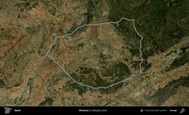 Almansa. İspanya 'nın idari alanı, Ocak 2020' de çekilen Global Mozaik Sentinel-2 karolarından oluşan bir uydu görüntüsü üzerinde özetlenmiştir.