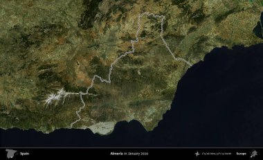 Almerya 'da. İspanya 'nın idari alanı, Ocak 2020' de çekilen Global Mozaik Sentinel-2 karolarından oluşan bir uydu görüntüsü üzerinde özetlenmiştir.