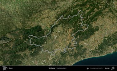 Alt Kamp. İspanya 'nın idari alanı, Ocak 2020' de çekilen Global Mozaik Sentinel-2 karolarından oluşan bir uydu görüntüsü üzerinde özetlenmiştir.