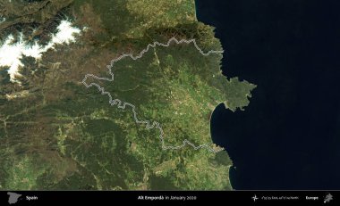 Alt Emporda. İspanya 'nın idari alanı, Ocak 2020' de çekilen Global Mozaik Sentinel-2 karolarından oluşan bir uydu görüntüsü üzerinde özetlenmiştir.
