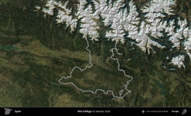 Alto Gallego. İspanya 'nın idari alanı, Ocak 2020' de çekilen Global Mozaik Sentinel-2 karolarından oluşan bir uydu görüntüsü üzerinde özetlenmiştir.