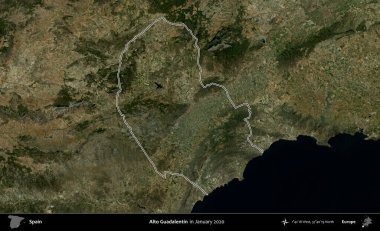 Alto Guadalentin. İspanya 'nın idari alanı, Ocak 2020' de çekilen Global Mozaik Sentinel-2 karolarından oluşan bir uydu görüntüsü üzerinde özetlenmiştir.