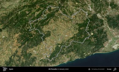 Alt Penedes. İspanya 'nın idari alanı, Ocak 2020' de çekilen Global Mozaik Sentinel-2 karolarından oluşan bir uydu görüntüsü üzerinde özetlenmiştir.